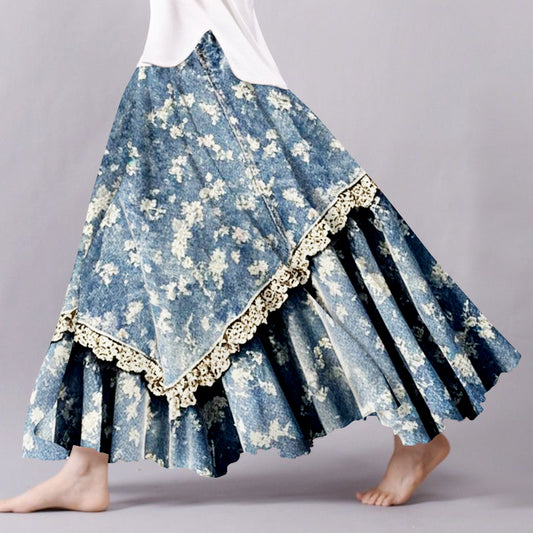 Vintage Floral Lace Patchwork Art Flowy Wide Skirt artswardrobe