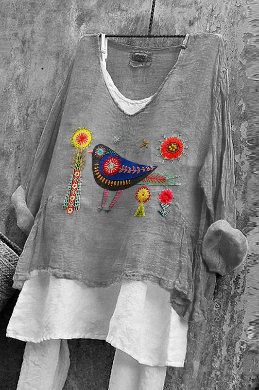 Comstylish Women's Flower And Bird Embroidery Art Linen V-neck Shirt