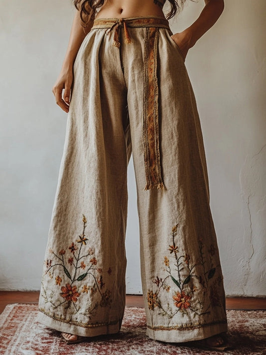 Vintage Floral Embroidered Linen Blend Casual Pants artswardrobe