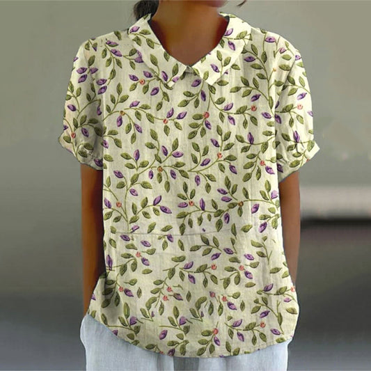 Comstylish Women's Flower Art Print Casual Cotton And Linen Shirt