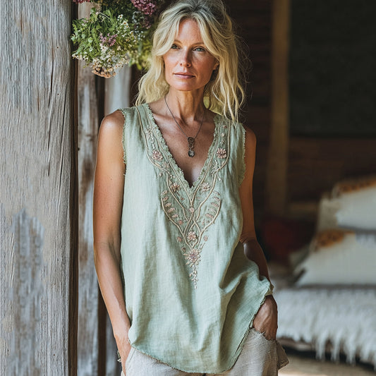 Women's Bohemian Vintage Floral Embroidery Art Tank Top artswardrobe
