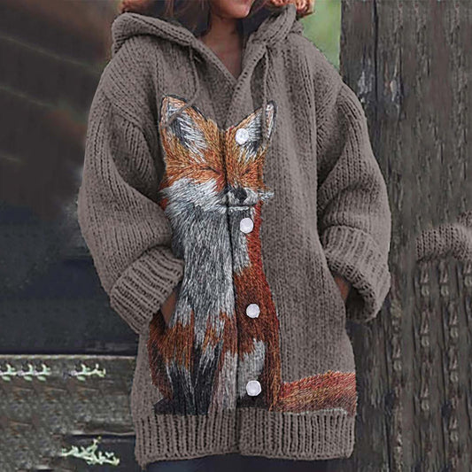 Vintage Autumn Cute Fox Art Button Down Sweater artswardrobe