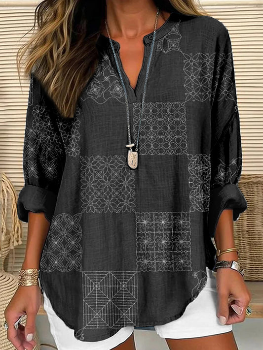 Comstylish Japanese Sashiko Checkered Pattern Linen Blend Shirt