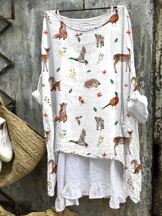 Forest Animals Print Linen Blend Vintage Shirt artswardrobe