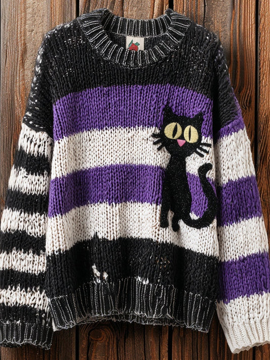 Halloween Black Cat Striped Cozy Knitted Sweater elevenforest