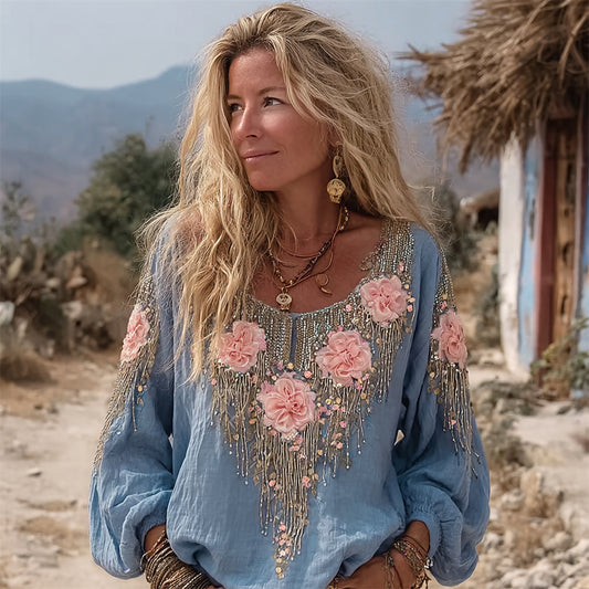 Comstylish Boho Sparkling Fringe Floral Art Women's Long Sleeve Shirt