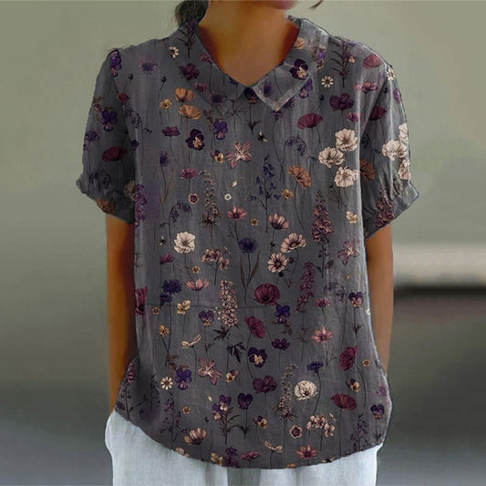 Comstylish Women's Flower Art Print Casual Cotton Linen Shirt