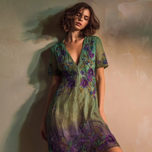 Vintage Floral Embroidered Gradient V Neck Linen Dress artswardrobe