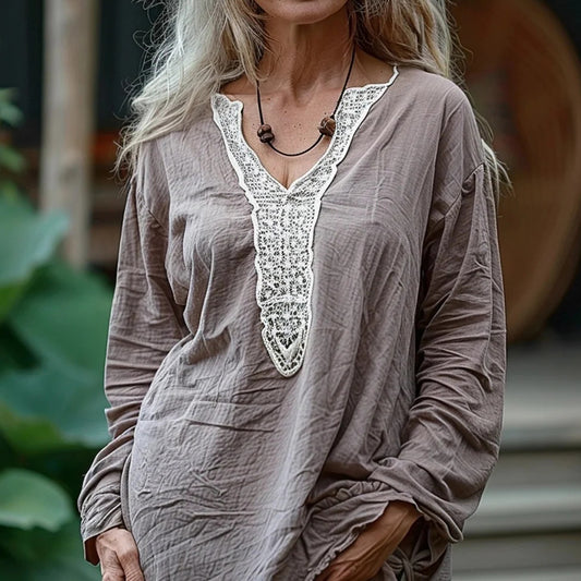 Elegant Lace Embroidery Floral Art Long Sleeve V-neck Shirt artswardrobe