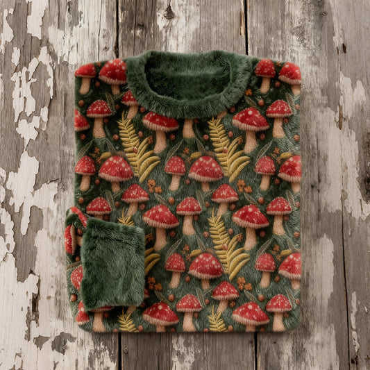 Comstylish Vintage Beaded Mushroom Embroidered Cozy Plush Sweatshirt