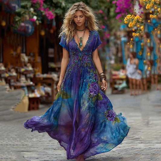 Women's Vintage Floral Art Linen V Neck Dress artswardrobe