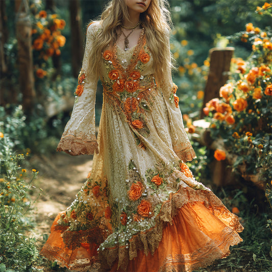 Vintage Lace Boho Floral Embroidery Fall Women's V-neck Long Sleeve Maxi Dress