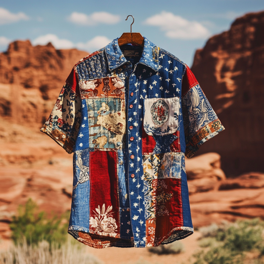 Men's  Independence Day America Blue Red With Floral Pattern Art Casual Short Sleeve Shirts artswardrobe