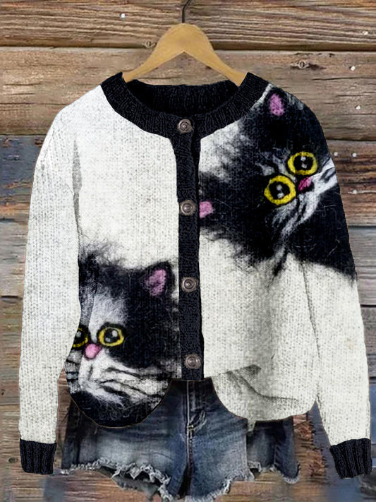Two Black Kitten Felt Art Crew Neck Cozy Knit Cardigan elevenforest