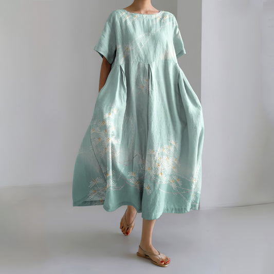 Comstylish Japanese Art Flower Print Casual Midi Dress