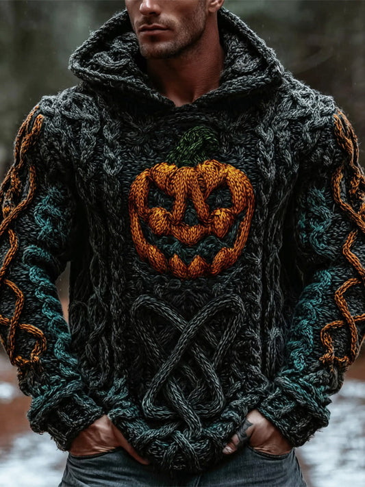 Viking Halloween Pumpkin Light Celtic Knot Men's Chunky Knit Hooded Sweater artswardrobe