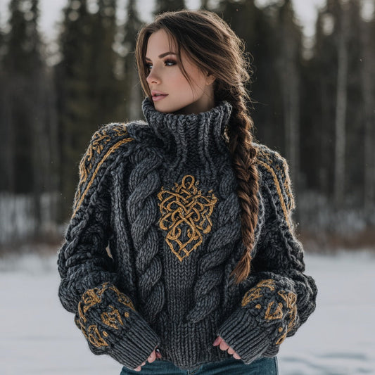 Women's Viking Celtic Knot Jacquard Warm Turtleneck Sweater elevenforest