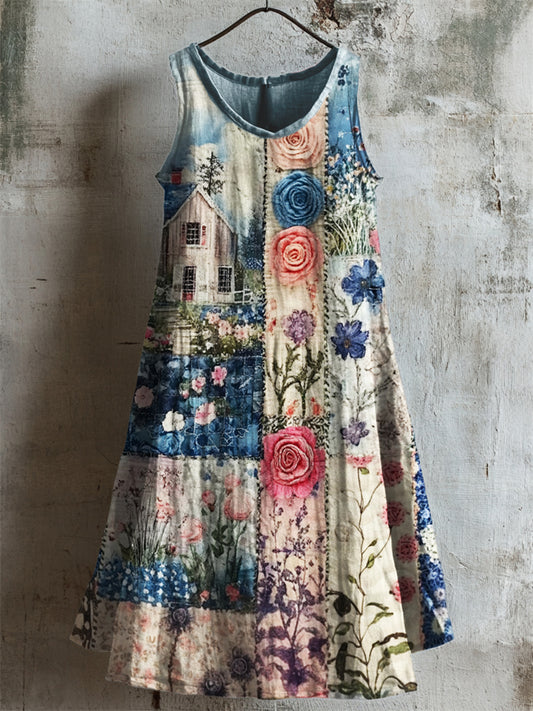 Cottage Floral Patchwork Fiber Art Linen Tank Dress artswardrobe