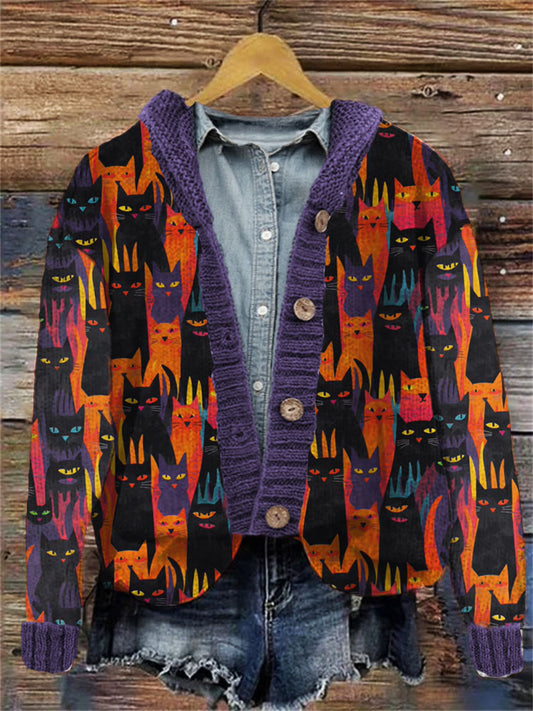 Colorful Halloween Cat Pattern Women's Cardigan artswardrobe