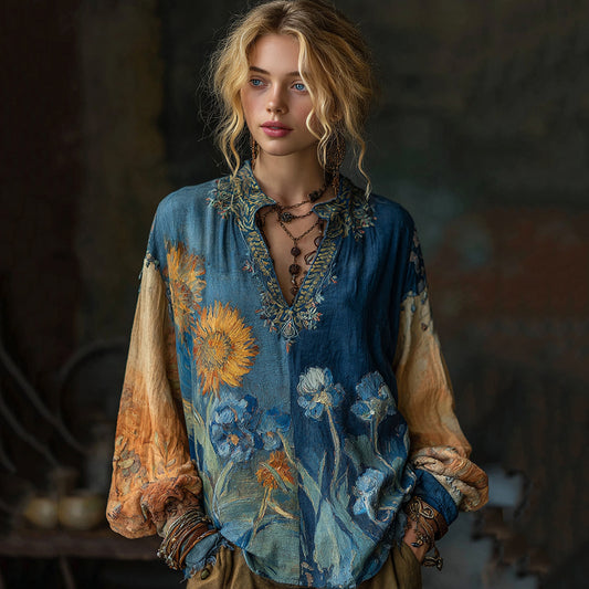 Oil Painting Iris And Sunflower Contrasting Shirt artswardrobe