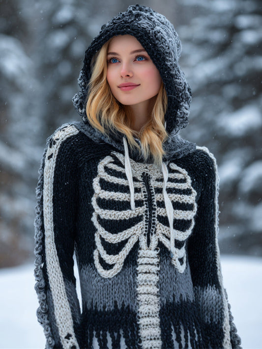 Day Of The Dead Skeleton Women's Knit Hooded Sweater artswardrobe
