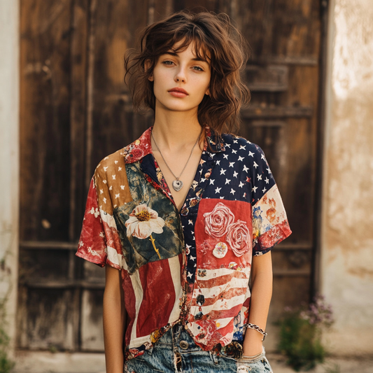 Comstylish Women's Independence Day Flag Floral Patch Print Lapel Shirt