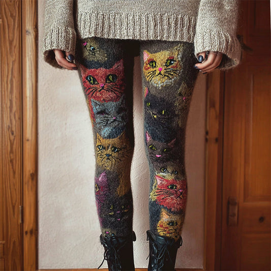 Abstract Colorful Crowded Cats Cozy Knit Leggings elevenforest