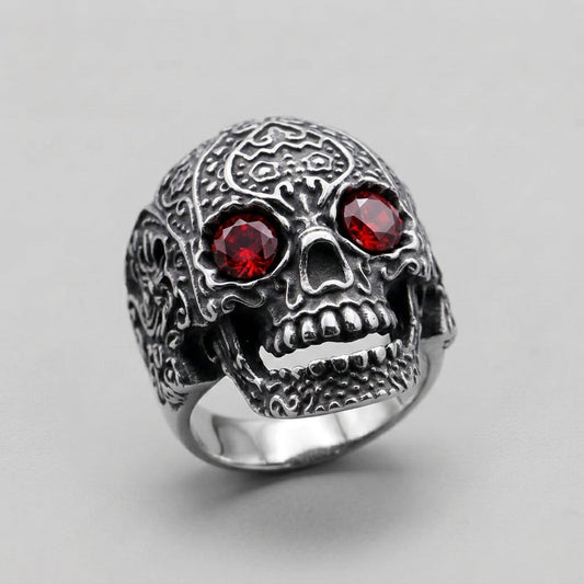 Skull Ring with Red Crystal Eyes