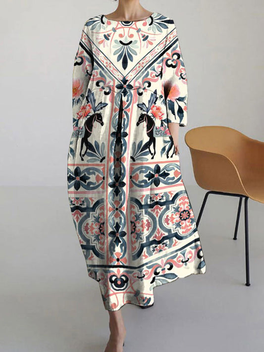 Comstylish Bohemian Floral Pattern Long Sleeve Linen Blend Dress