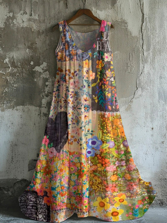 Vintage Floral Women's Linen Vest Dress artswardrobe