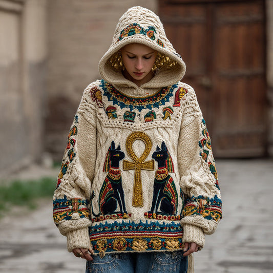 Women's Ancient Egyptian Ankh And Black Cat Art Knitted Warm Hooded Sweater elevenforest