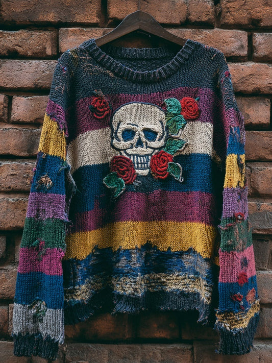 Vintage Skull & Roses Embroidered Patchwork Cozy Knitted Sweater elevenforest