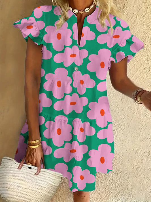Vintage Flower Art Print Ruffled Short-sleeved V-neck Buttoned Dress Vacation Beach Dress