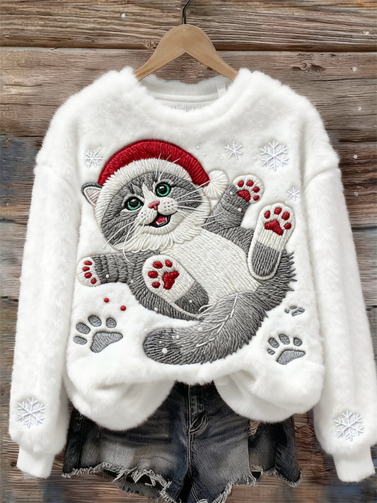 Comstylish Christmas Cat In The Snow Embroidered Cozy Plush Sweatshirt