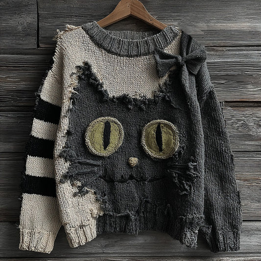Comstylish Halloween Cute Black Cat Striped Knitted Crew Neck Sweater