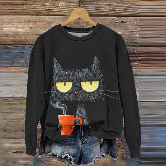 Drink Tea Cat Print Round Neck Casual Sweatshirt elevenforest