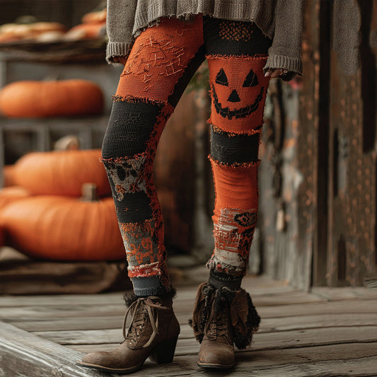 Vintage Patchwork Halloween Pumpkin Face Art Stitched Cozy Knit Leggings elevenforest