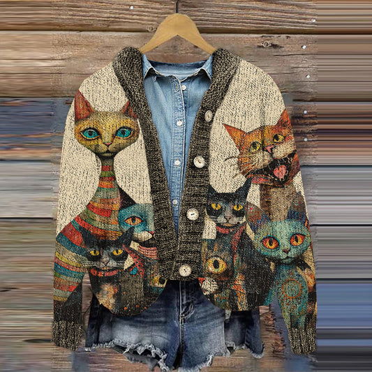 Vintage Art Cats Knit Pattern Women's Cardigan elevenforest