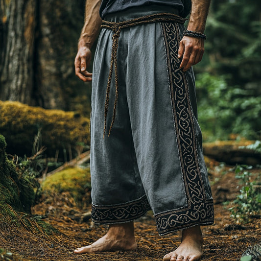 Tribal Viking Celtic Embroidery Art Linen Long Loose Wide-leg Pants artswardrobe