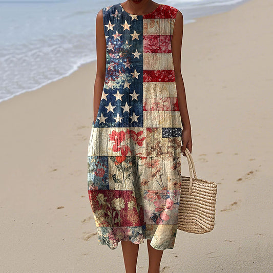 Vintage American Flag  Independence Day 4th Of July Peaceinwar Art Linen Tank Dress artswardrobe
