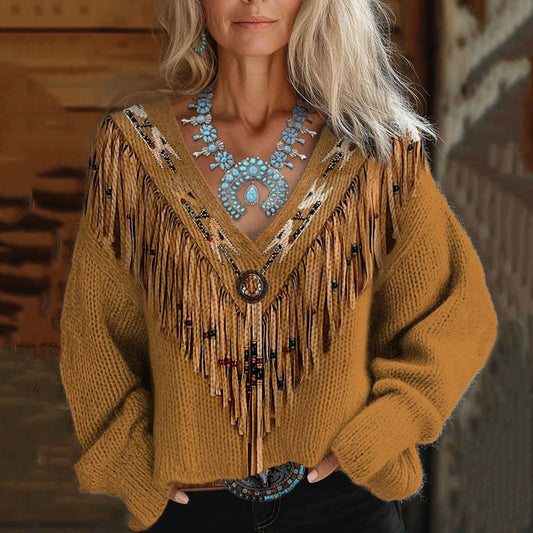 Women's Vintage Tribal Tassels Art Print V-neck Cozy Sweater elevenforest