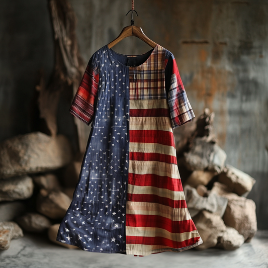 Women's Retro Independence Day Flag Check Short Sleeve Dress artswardrobe