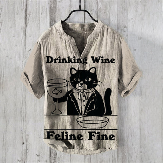 Retro Drinking Wine Feline Fine Cat Art Pattern Linen Blend Shirt elevenforest