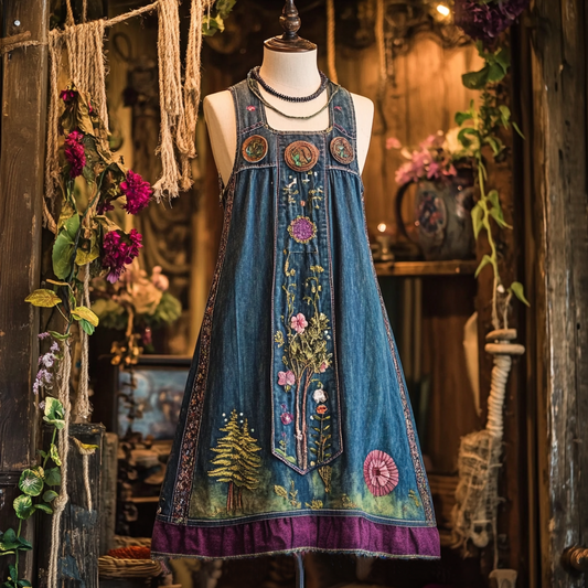 Women's Denim Forest Tree Art Patch Sleeveless Dress artswardrobe