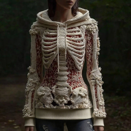 Halloween Skull Floral Knitted Warm Hooded Sweater artswardrobe