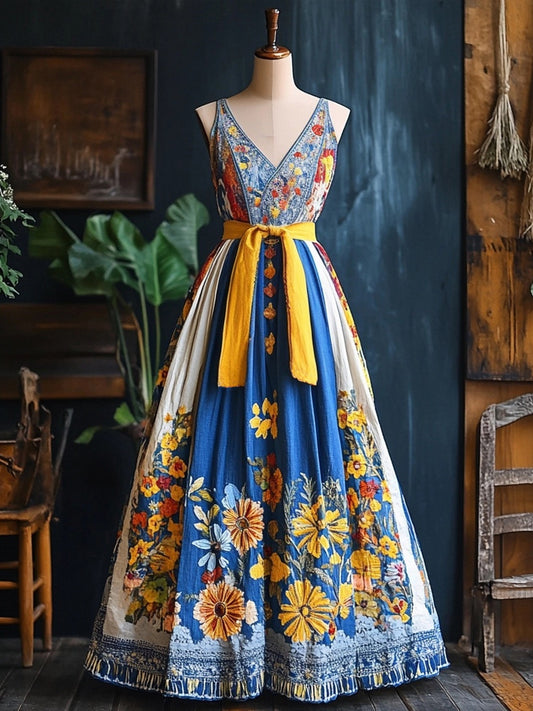 Vintage Petrykivka Folk Art Ukraine Colorblock Linen Maxi Dress artswardrobe