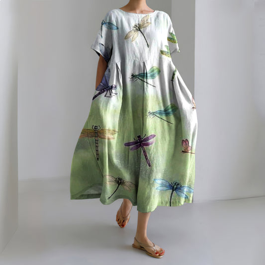 Comstylish Japanese Gradient Dragonfly Art Linen Blend Casual Dress