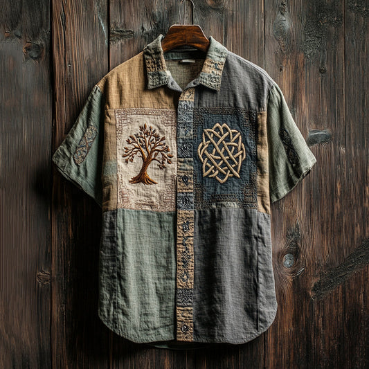 Men's Celtic Knot Tree Of Life Patchwork Contrast Shirt artswardrobe