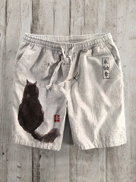 Japanese Art Cat Print Cotton Linen Casual Shorts elevenforest