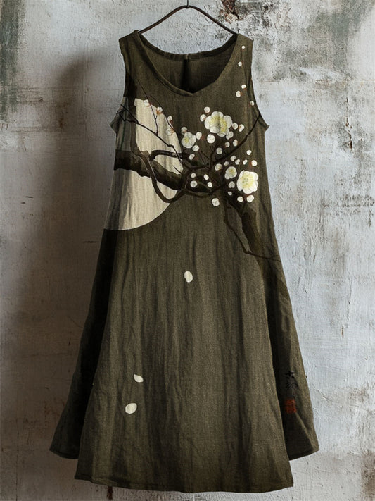 Comstylish Plum Blossom Full Moon Japanese Linen Tank Dress